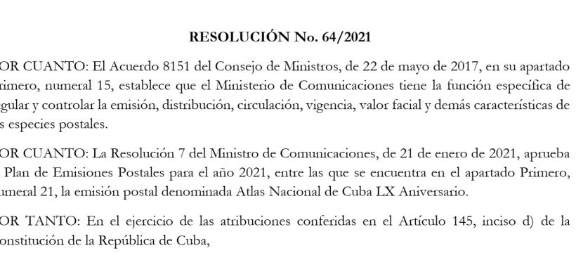 Nuevas Emisiones 2021 Aniversario XL del Atlas Nacional de Cuba, Primero de Mayo y Enteros Postales por el Día de los Padres.