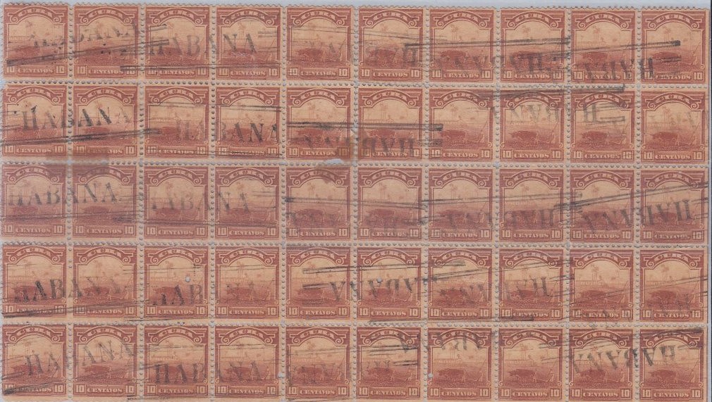 Bloque de 50 sellos de 10c cancelados con la marca de paquetes "HABANA" tipo II